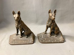 Vintage Pair Set of German Shepard Bronzed Cast Iron Bookends Doorstop 5 1/2"