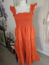 Quince XL Organic Cotton Poplin Smocked Midi Dress Orange Red Ruffle Boho