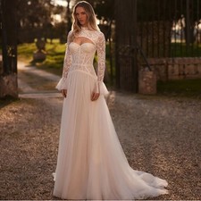 Elegant High Neck Wedding Dress Long Sleeves Lace Applique Lace Up Bridal Gowns
