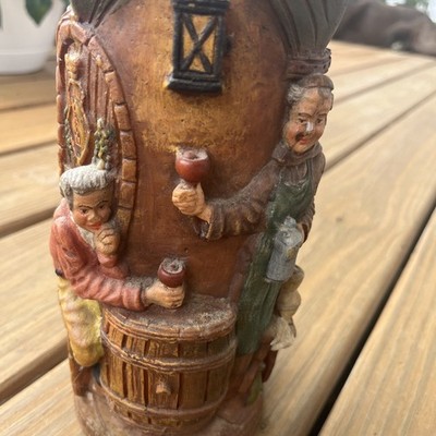 Vintage  German Gunter Two Men Drinking Wine Hand Carved & Painted 10  T, 4  Dia