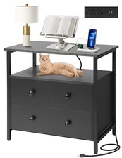 27 inch Wide Night Stand with Charging Station, Bedside Table 2 Drawers Black