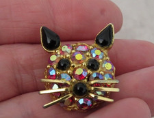 CUTE  COLORFUL VINTAGE RHINESTONE CAT PIN BROOCH WITH WHISKERS