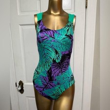 Vintage Womens One Piece Swimsuit Floral Leaves Green Purple Size 6 Tropical