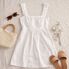 SHOW ME YOUR MUMU Small Ruthie Ruffle White Denim Mini Sheath Dress Frayed