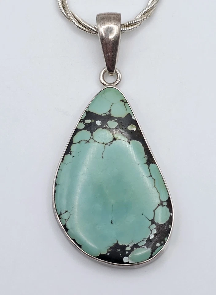 Vintage Charles Albert Sterling Silver Large Turquoise Pendant Necklace Native - Image 4 of 4