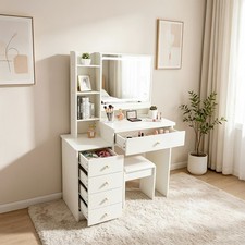 White Makeup Vanity Desk with Mirror Lights 5 Drawers Modern for Bedroom Girls