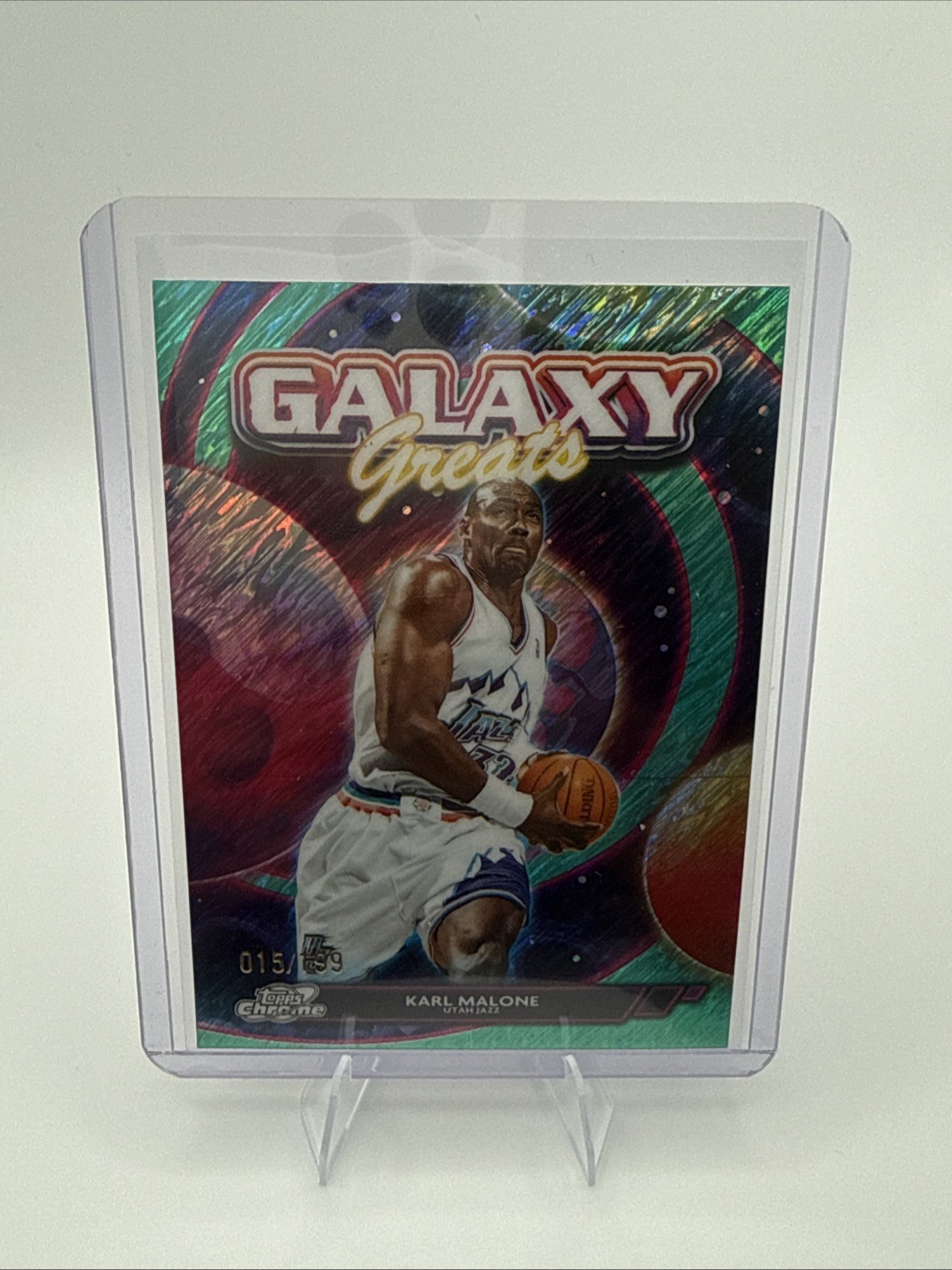 Karl Malone 2025-26 Topps Cosmic Chrome 068/199 Aqua Equinox Galaxy Greats #GG-6