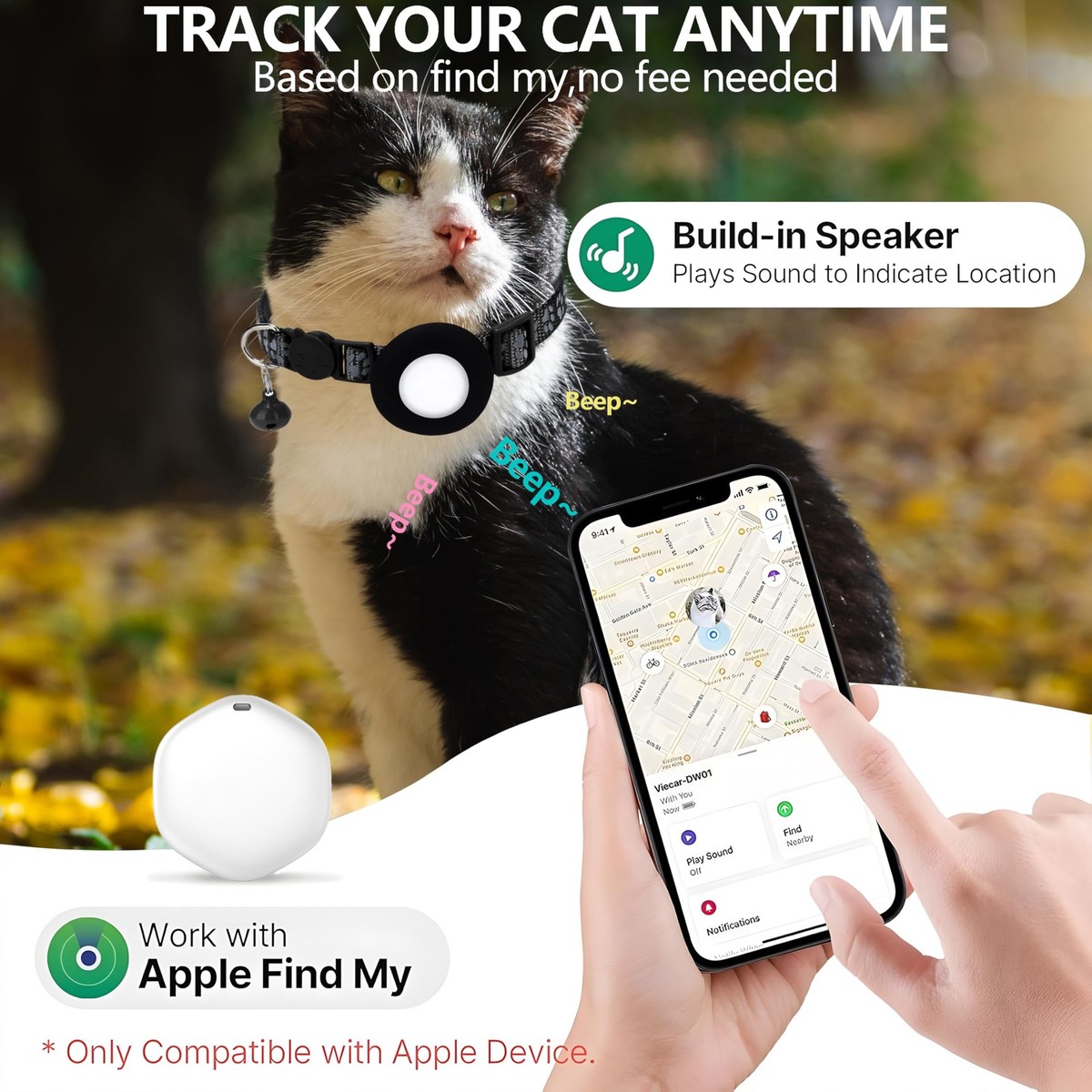 Mini GPS Tracker Per Gatti E Cani – Senza Abbonamento, Compatibile Con IOS/Android, Impermeabile E Con Tracciamento In Tempo Reale