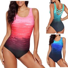 Womens Swimming Beach Costume Tummy Control One Piece X Back U-neckline UK