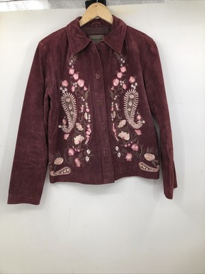 Brandon Thomas Burgundy Leather Button Up Suede Leather Paisley Jacket Women's S