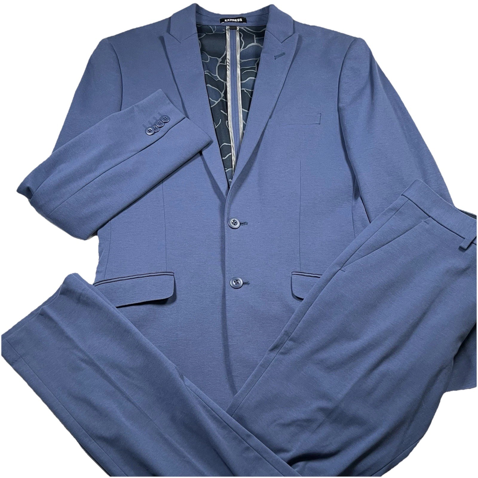 Express Extra Slim 2 Piece Blue Suit 38R Stretch Cotton Blend Blazer & Pants