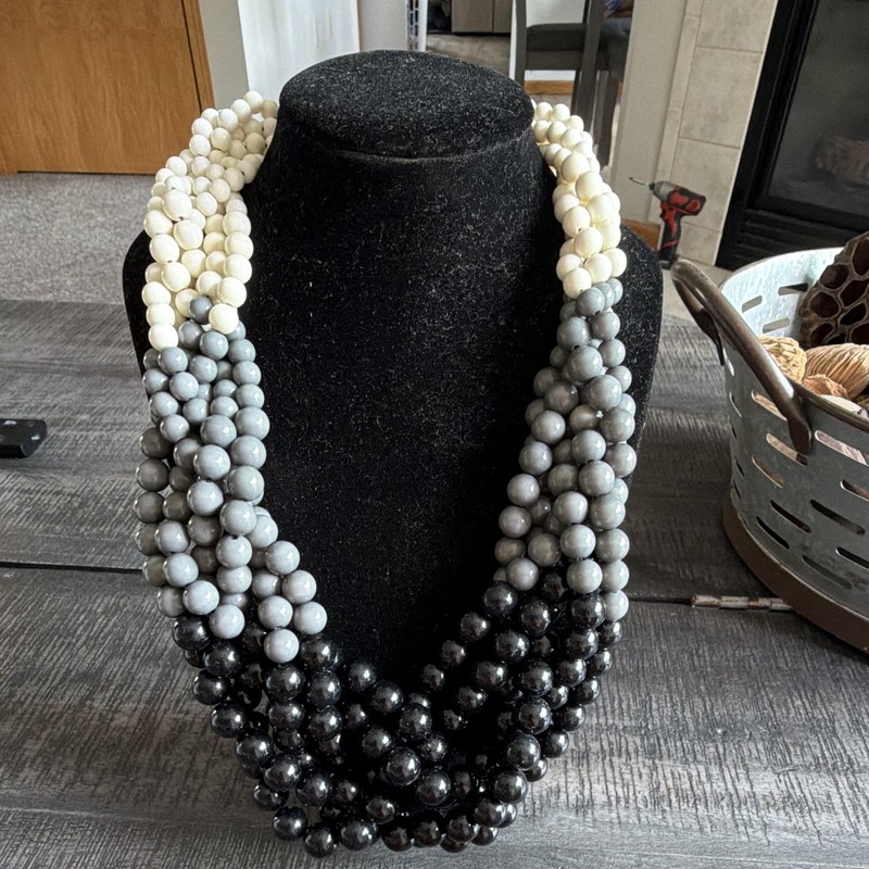Multi-Strand Beaded Necklace Black Gray White Ombre Adjustable Lobster Clasp
