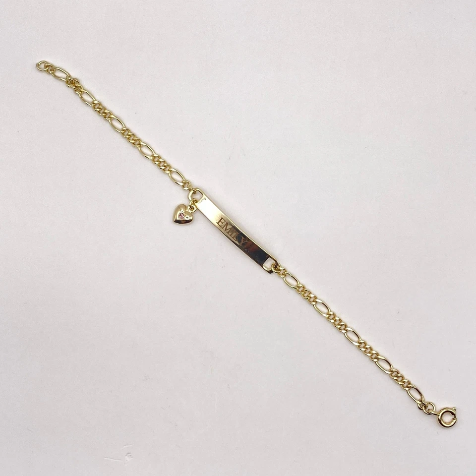 Pulsera de identificación EMILY 10K chapada en oro corazón dije cristal rosa cadena Figaro 6 1/4" Foto 4 de 4
