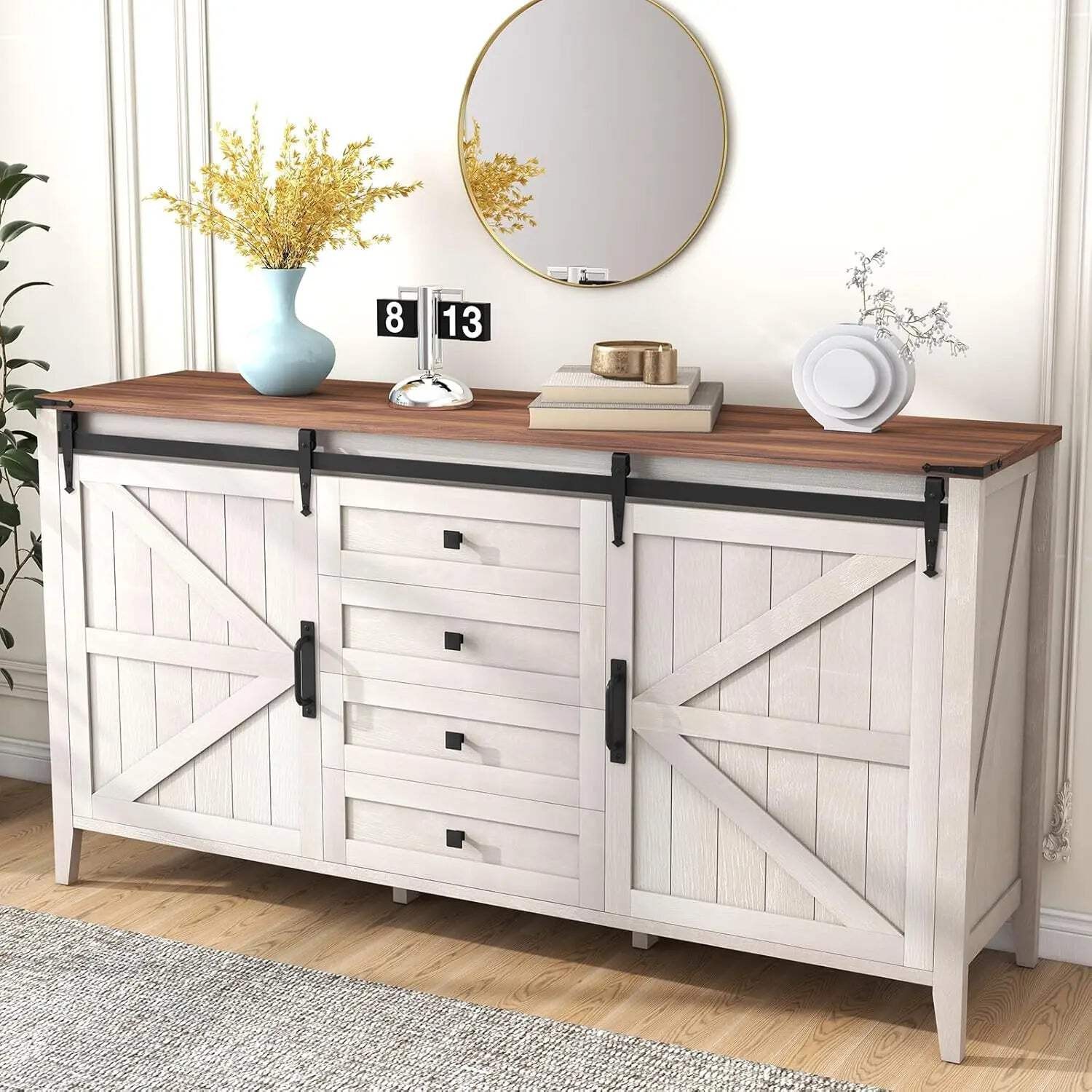 60 Inch Rustic Farmhouse Dresser with 4 Drawers for Bedroom Storage