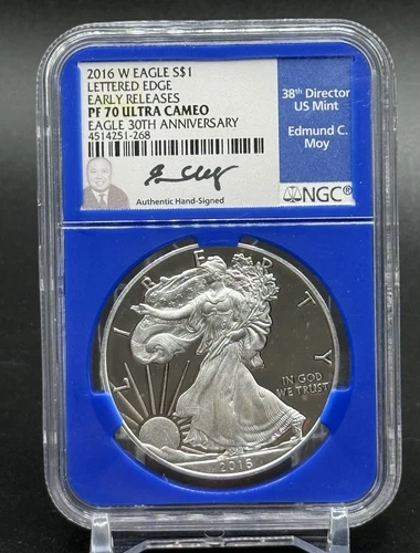 2016-W Lettered Edge American Silver Eagle Proof $1 NGC PF70 UCAM Moy Signed