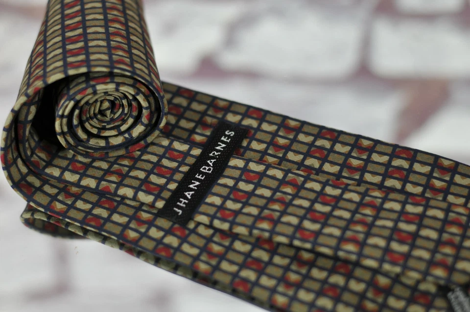 Corbata de seda estampada en cuadrícula roja oliva y azul marino de Jhane Barnes 58 x 3,75 pulgadas Foto 3 de 3