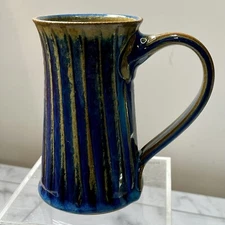 Vintage Hamilton Williams Blue Ribbed Mug Signed Studio Glazed Pottery - 2004