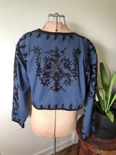 Antique Blue Twill Cropped Jacket With Black Embroidery