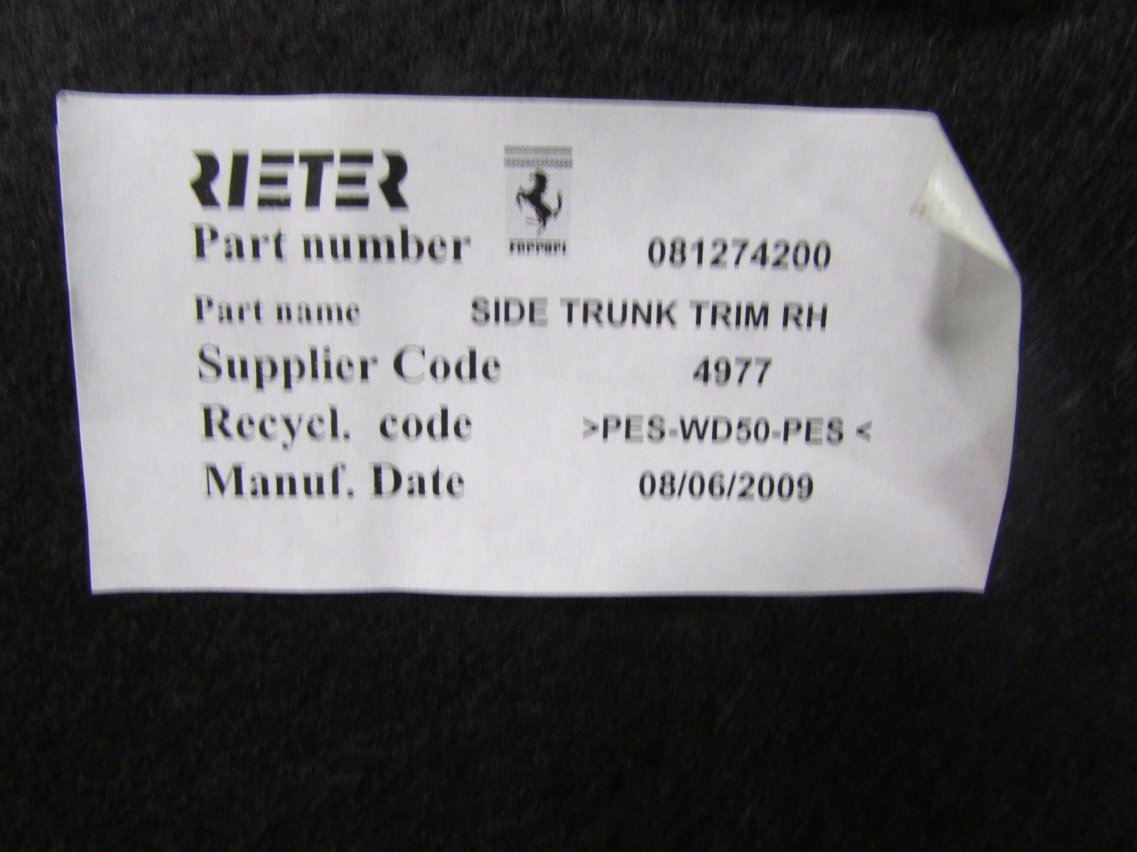 Ferrari California, RH, Right Rear Trunk Carpet, P/N 81274200