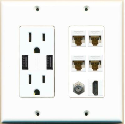4 Port CAT6 Ethernet Coax 1 HD Wall Plate + 2 USB Charger Power Outlet ...