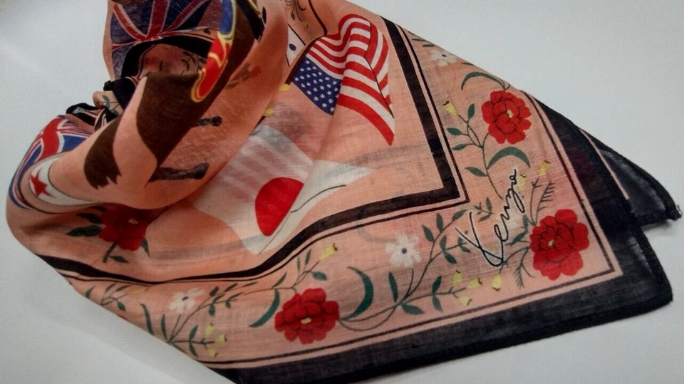 Kenzo Caballo Algodón Bufanda Pañuelo Banderas JAPÓN EE. UU. FRANCIA INGLATERRA Dandy Raro Foto 3 de 4