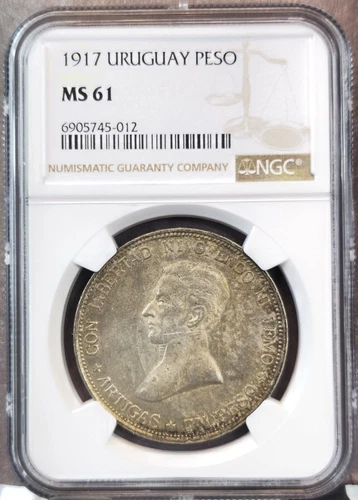 1917 URUGUAY SILVER 1 PESO JOSE ARTIGAS NGC MS 61 EXTREMELY RARE MINT STATE