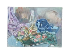 Original Painting Impressionist Still Life Flowers Etc. Signed 18x24 W. Hurst