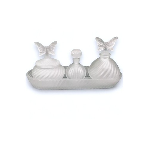 Vintage Dresser Vanity Set Frosted Glass Tray/ 2 Perfume 1 Powder Butterflies