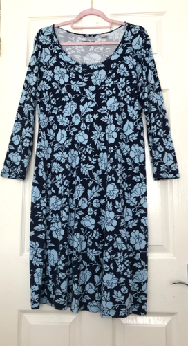 PRETTY LANDS'END NAVY/PALE BLUE PRINT LIGHT COTTON SHIFT DRESS SIZE S UK 12