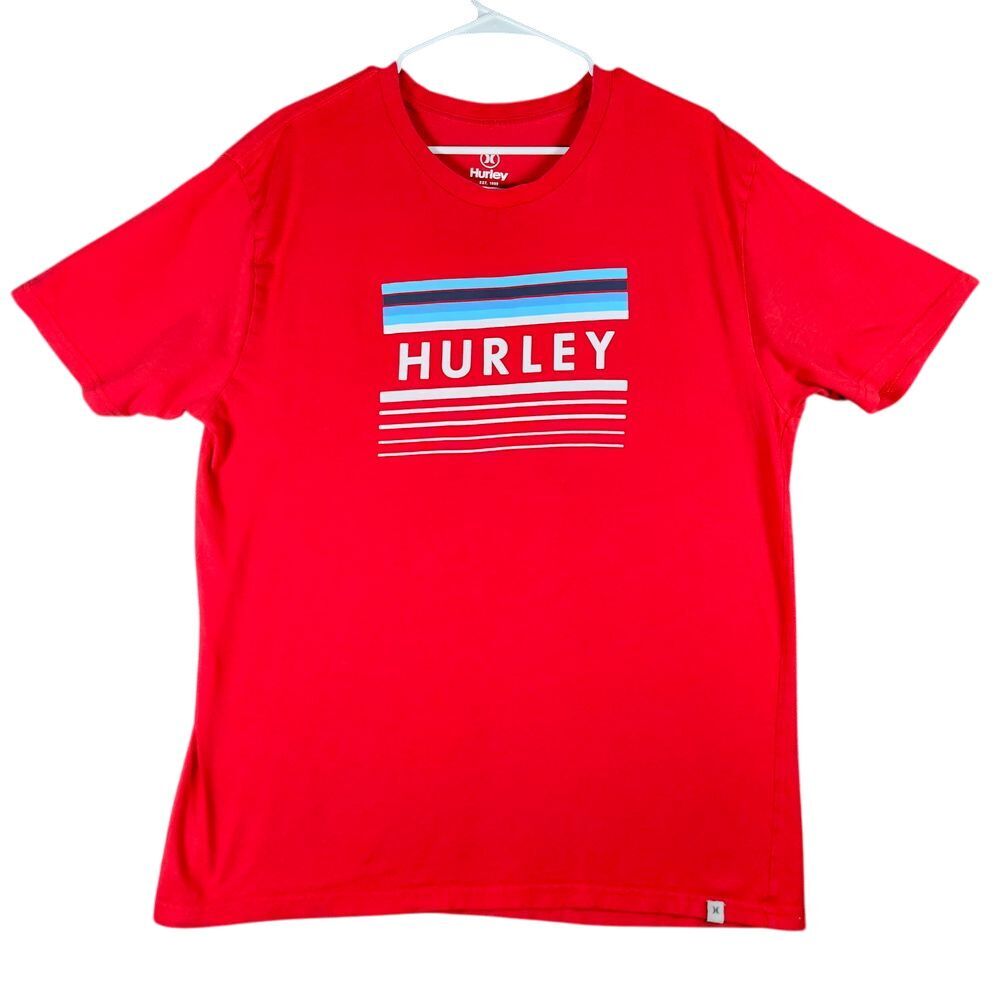 Hurley Red Graphic T-Shirt Striped Logo Cotton Casual Surf Skate Tee Size L