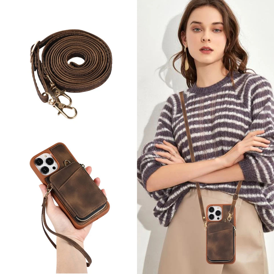 Funda Bandolera con Soporte de Cuero con Bolsillo con Cremallera para iPhone 15 Pro Max 14 13 12 11 Foto 2 de 4