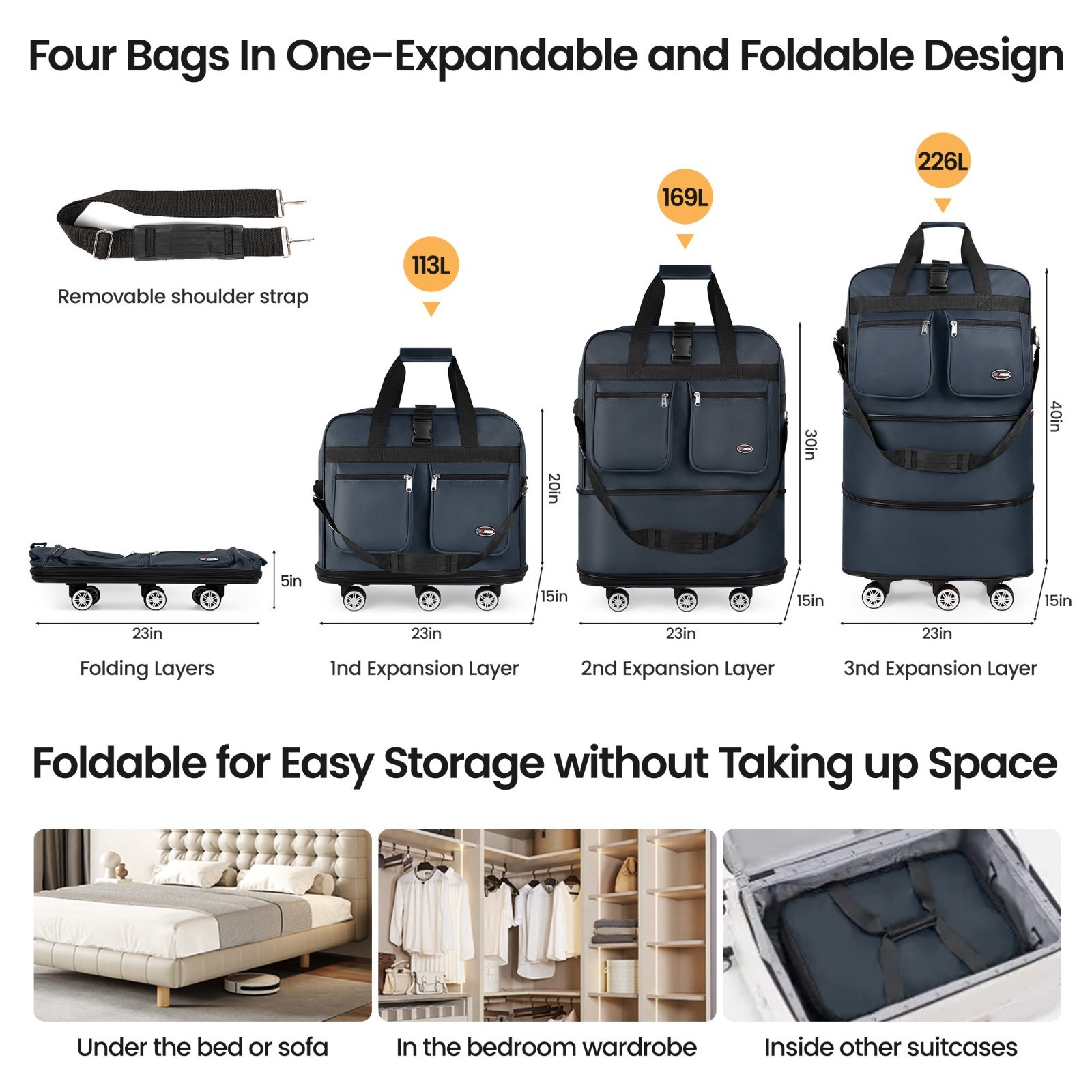 Expandable Rolling Duffle Bag Wheeled Luggage Foldable Suitcase 30" 36" 40"