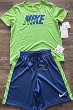 NWT Nike Little Boys 6 Mystic Navy Blue/Lime Green/White BIG LOGO Shorts Set