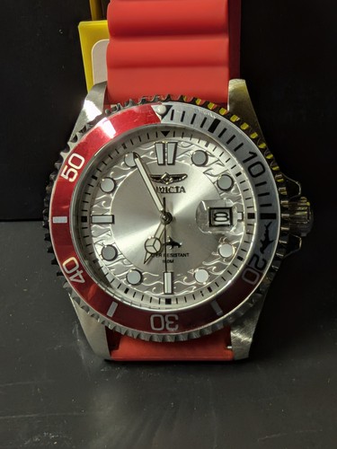 Invicta SHARK Pro Diver Silver Dial Red Silicone Strap Men's Watch- 47167