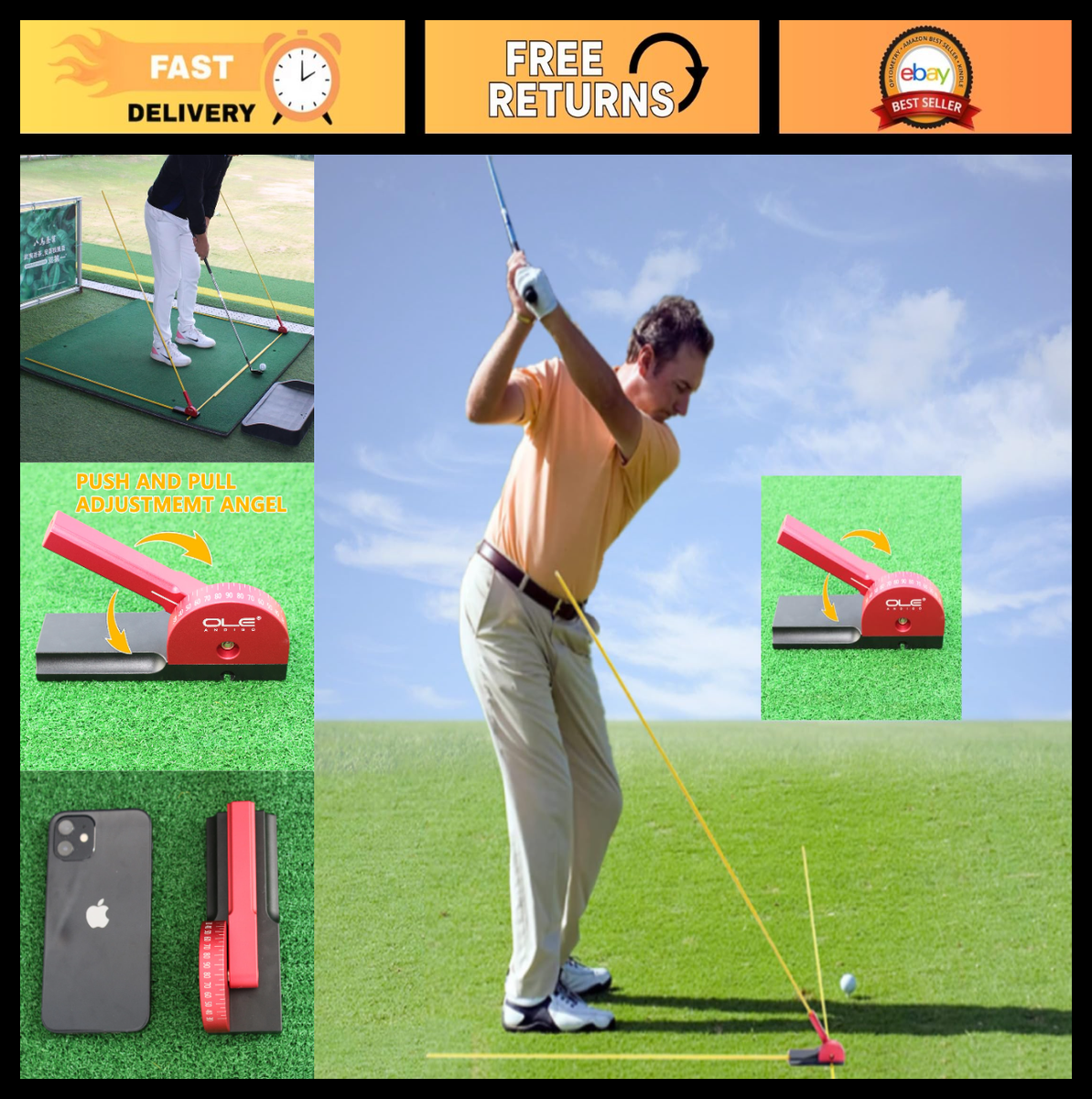 Portable Golf Swing Trainer with 3 Alignment Sticks & Angle Dial