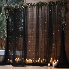 10x8ft Black Backdrop Curtain, Lights String, Sheer Tulle, Wedding, Party Photo
