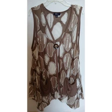 Lily Brown White Single Button Funky Vest Boho Jrs Large Frayed Edge Patchy Knit