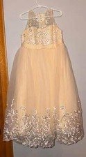 Ivory Sleeveless Girls Ball Gown Dress with Lace, Bow, Beaded Accents