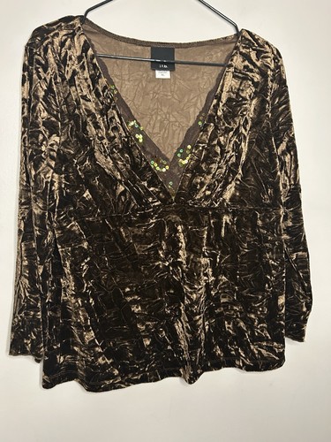 Blusa Y2K anni 90 velluto schiacciato profondo scollo a V taglia XL pizzo paillettes stravagante strega - Foto 2 di 7