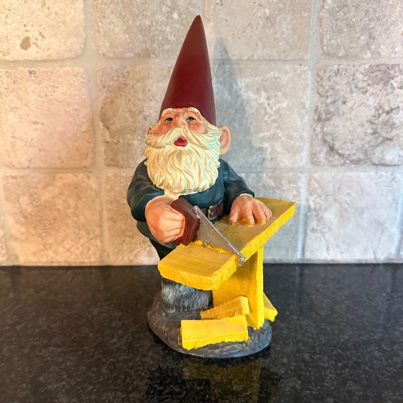 Vtg Rien Poortvliet design Garden Gnome David Hein the Carpenter Sawing Wood 9"