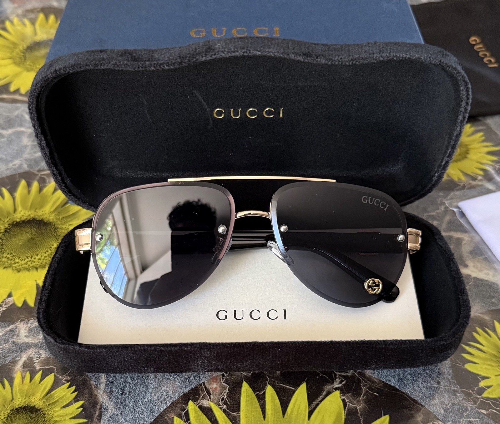Gucci GG 1220S Black & Gold Aviator Sunglasses Ships Same Day!