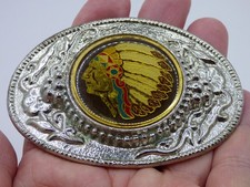 Native American Indian Headdress Belt Buckle No.851 Made In The USA 3 1/2'' W