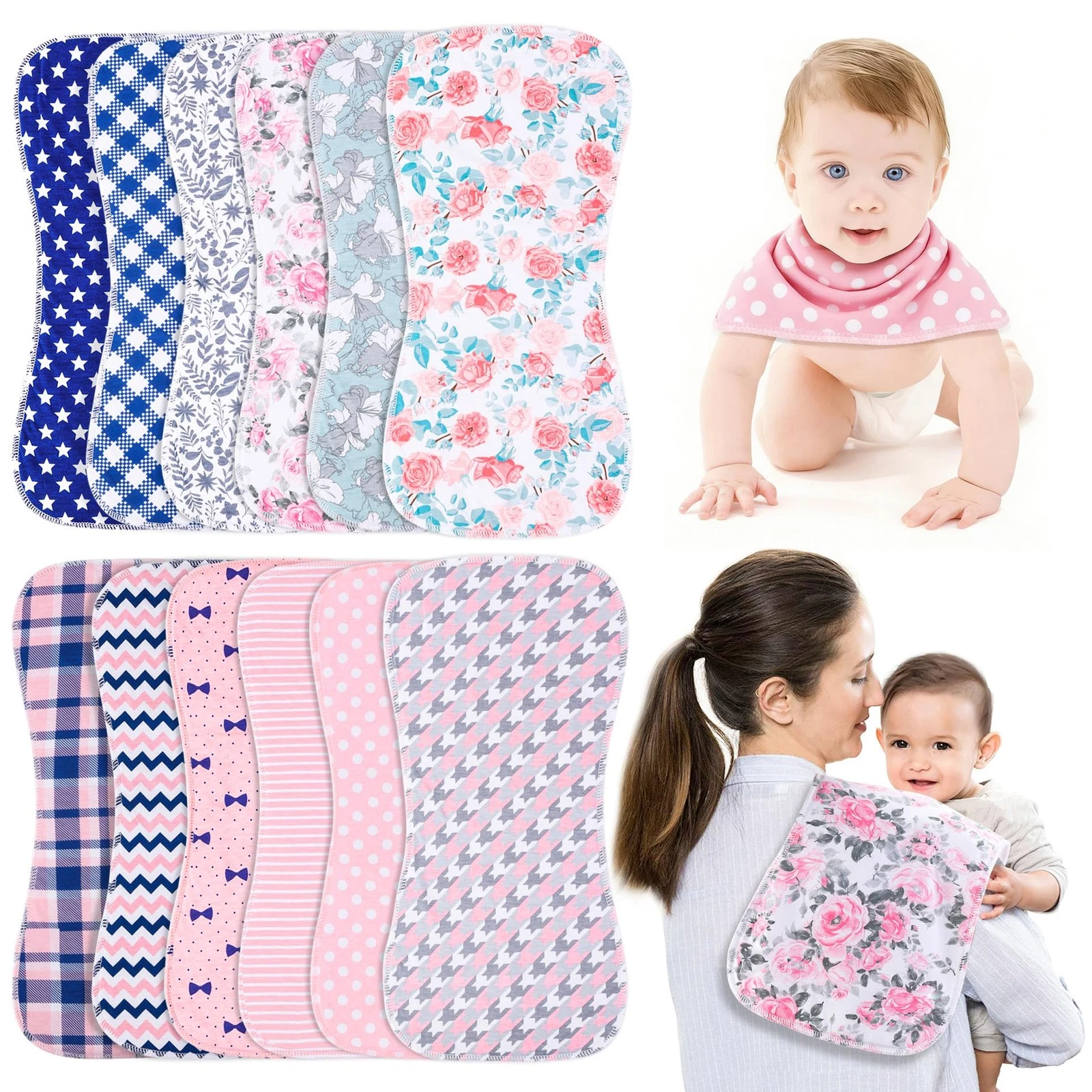 Baby Burp Cloths & Baby Bibs 2-in-1 Design Large Size 3 Layers Thicken Cotton...