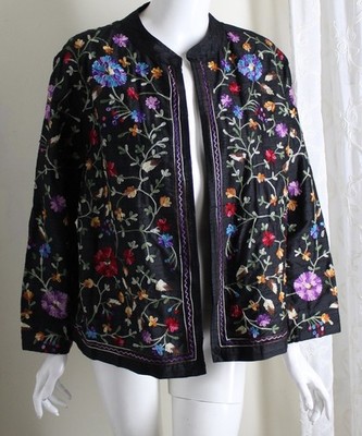 AMAZING Chico's Sz 2 L Vintage Silk Boho Art-to-Wear Open Jacket Topper