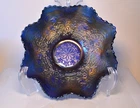 Vintage Fenton Cobalt Blue Gold Carnival Glass Leaf Chain Berry Ruffled Bowl