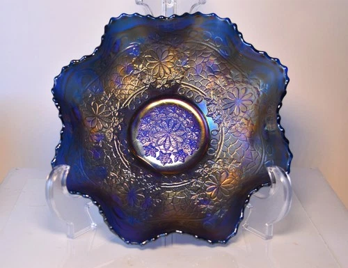 Vintage Fenton Cobalt Blue Gold Carnival Glass Leaf Chain Berry Ruffled Bowl
