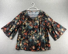 Boutique+ 1X Multicolor Floral Lace Up Blouse 3/4 Bell Sleeve V Neck Sheer Woven