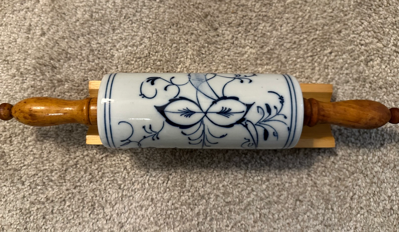 Antique 1920s German Meissen Blue & White Porcelain Rolling Pin w/holder