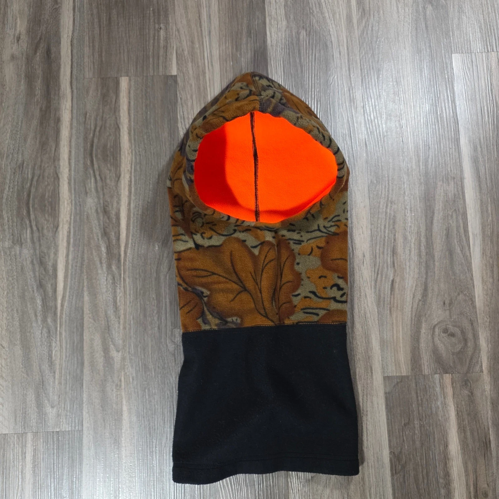 Mens Fleece Balaclava Hood Camo Leaf Print Orange Lining Neck Gaiter Mask
