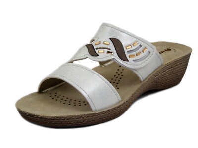 Women's EcoLeather White Strap Insole Slippers Genuine Leather Low Wedge BLUE